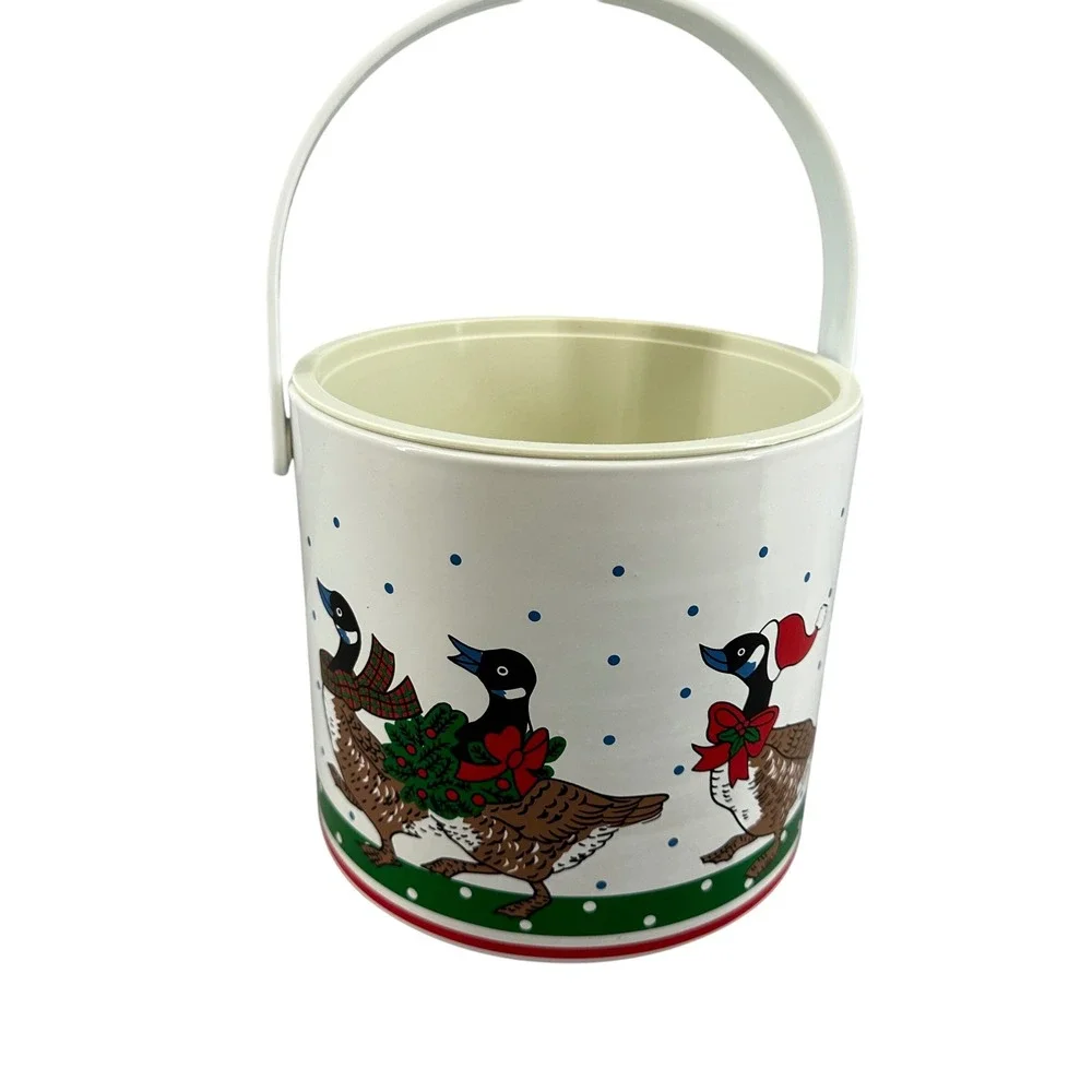 Vintage Holiday Goose Ice Bucket Set with Plastic Glasses Christmas Taiwan 1980s